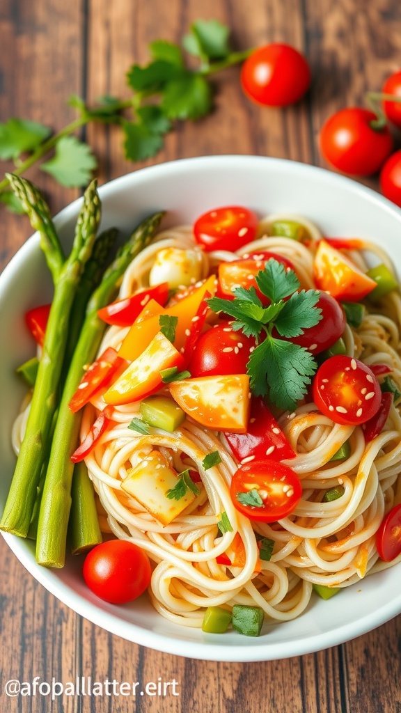 A refreshing bowl of asparagus noodle salad with rice noodles, asparagus, bell peppers, and cherry tomatoes, garnished with sesame seeds and cilantro.